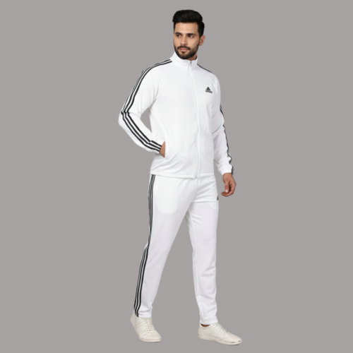 Adidas Striped Men White Track Suit (Jacket & Track Pant)