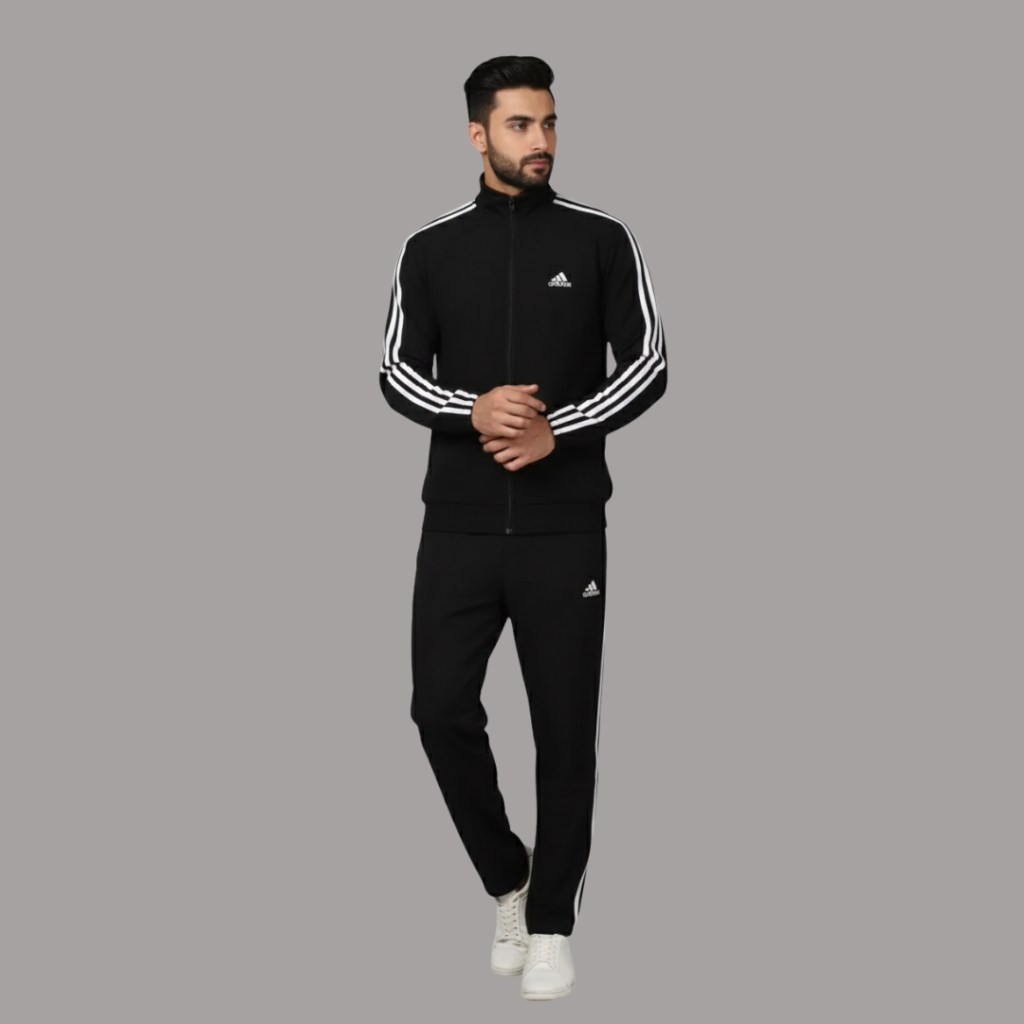 Adidas Striped Men Black Track Suit (Jacket & Track Pant)