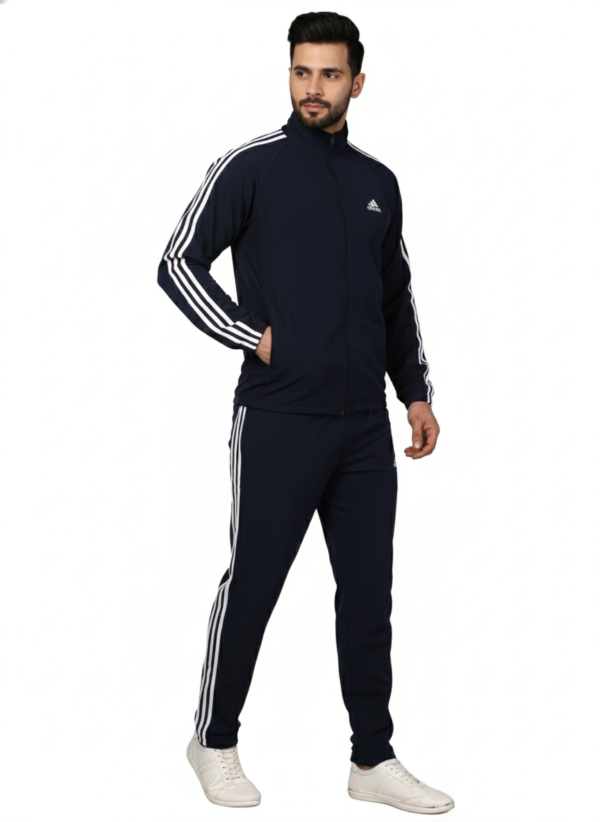 Adidas Striped Men Blue Track Suit (Jacket & Track Pant)