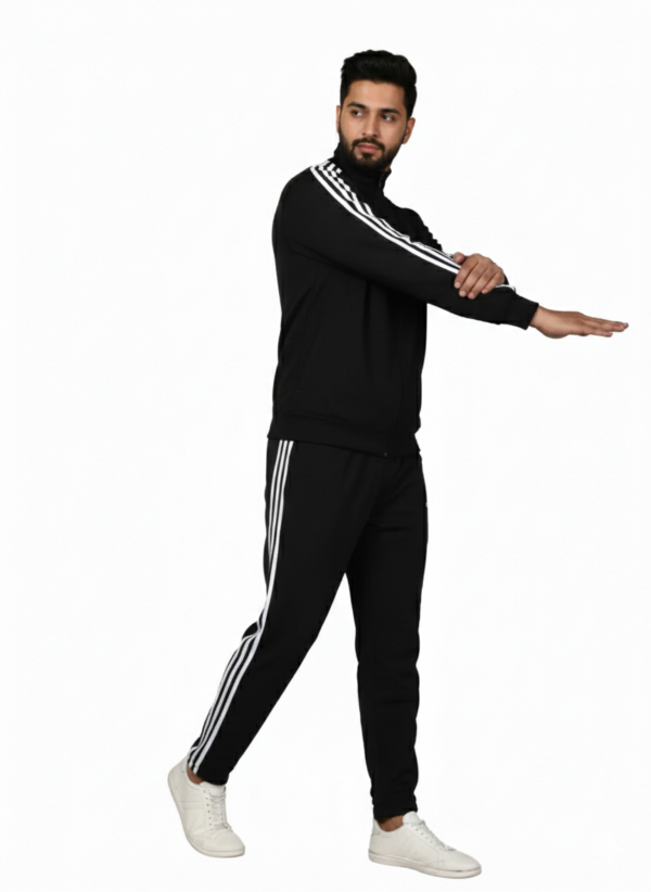 Adidas Striped Men Black Track Suit (Jacket & Track Pant)