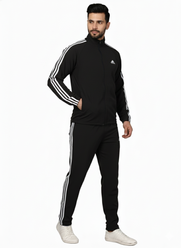 Adidas Striped Men Black Track Suit (White Jacket & Track Pant)
